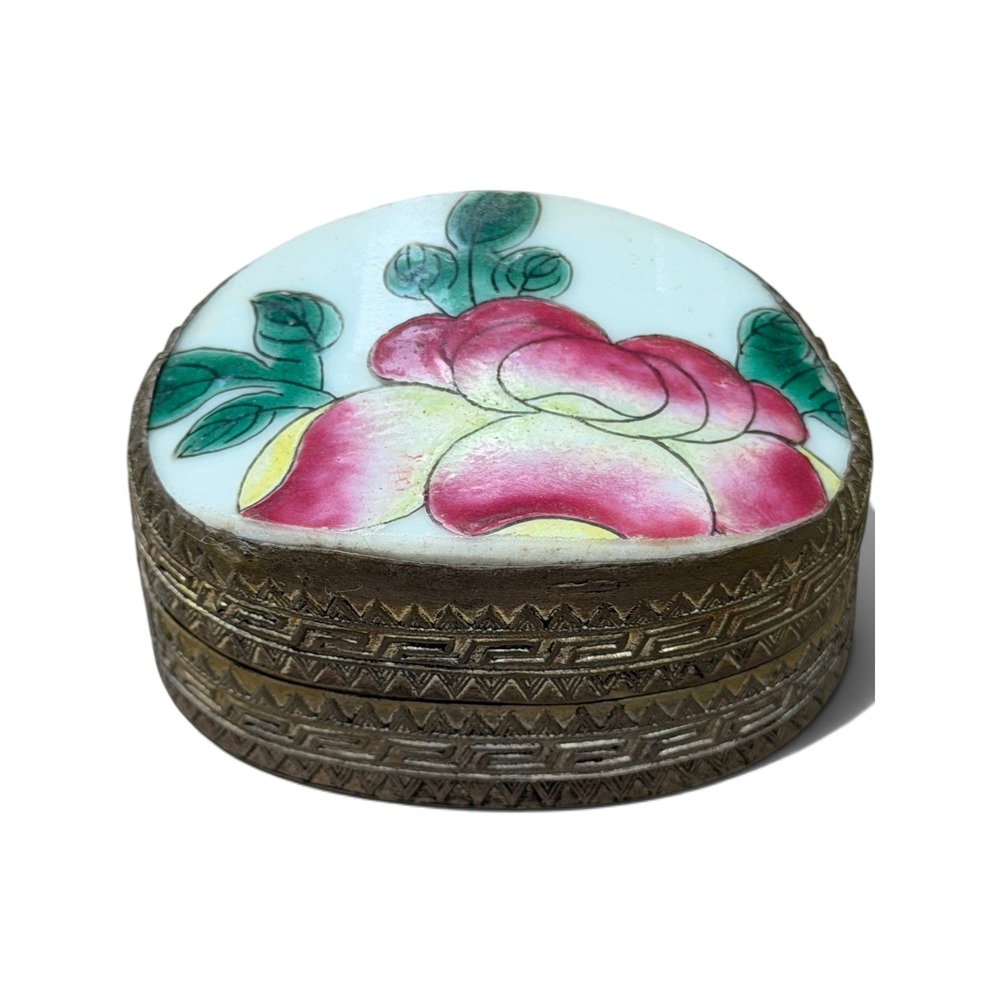Chinese Porcelain Shard Box Famille Rose Peony White Metal Greek Key Trinket Box